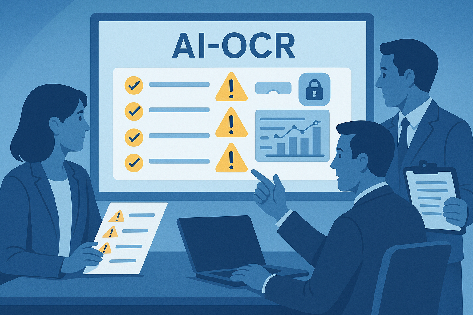 AI-OCR導入前に確認すべきセキュリティや認識精度などの注意点を示すビジネス風の警告イメージ。