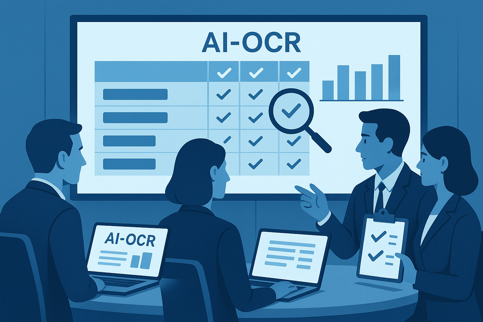 AI-OCR選定時の5つのチェックポイントを示したビジネス風のチェックリスト画面。