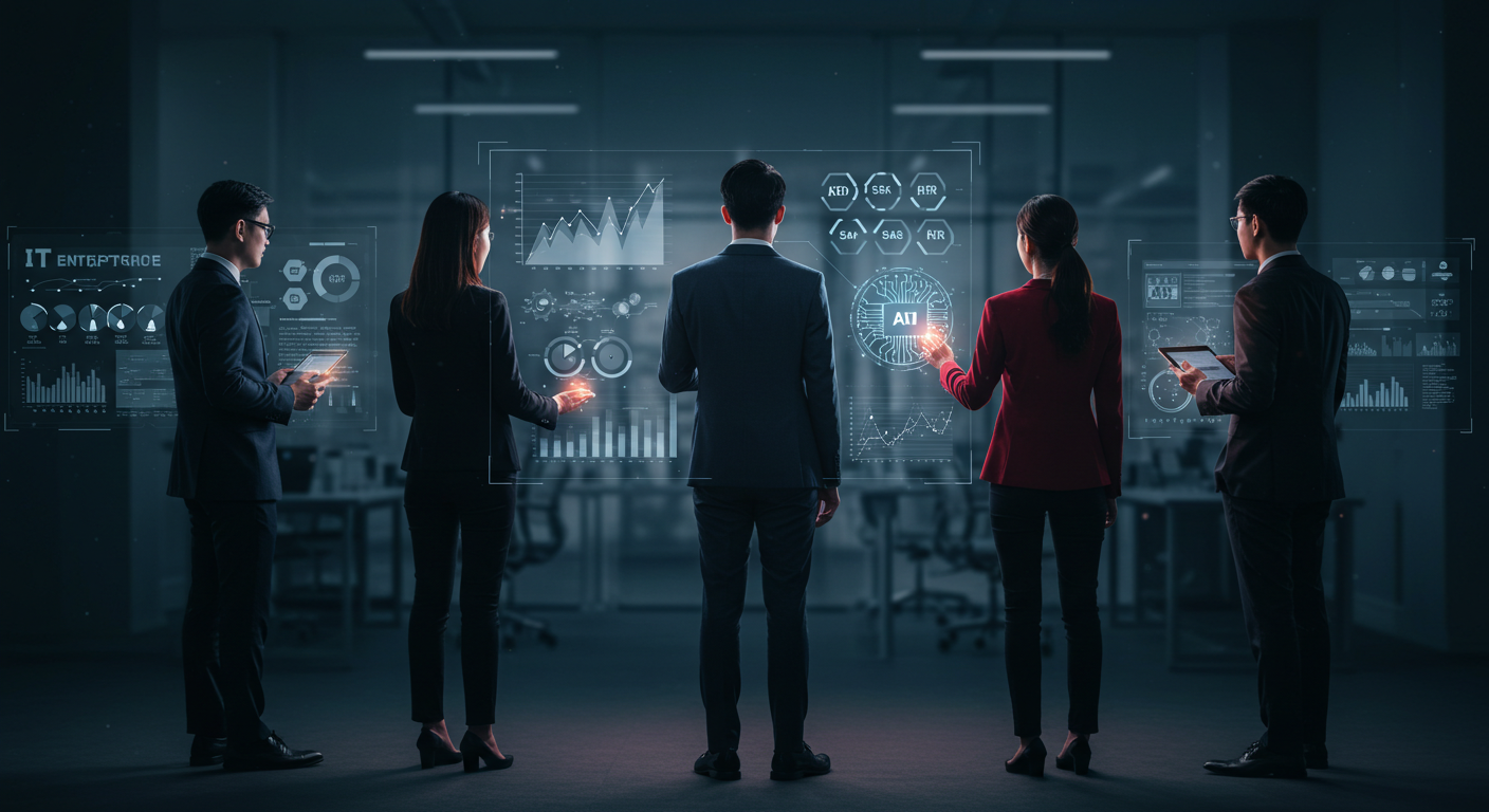 「IT・製造・スタートアップ・SaaS・人材業界の5名が、AI活用成果を共有する未来的な営業ミーティングのイメージ」