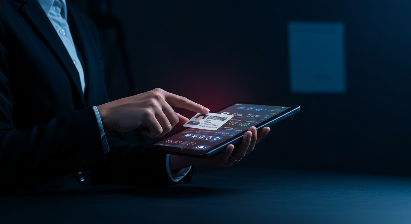 「ビジネスマンがタブレット端末で本人確認書類をスキャンし、AI-OCRが情報を抽出している様子」