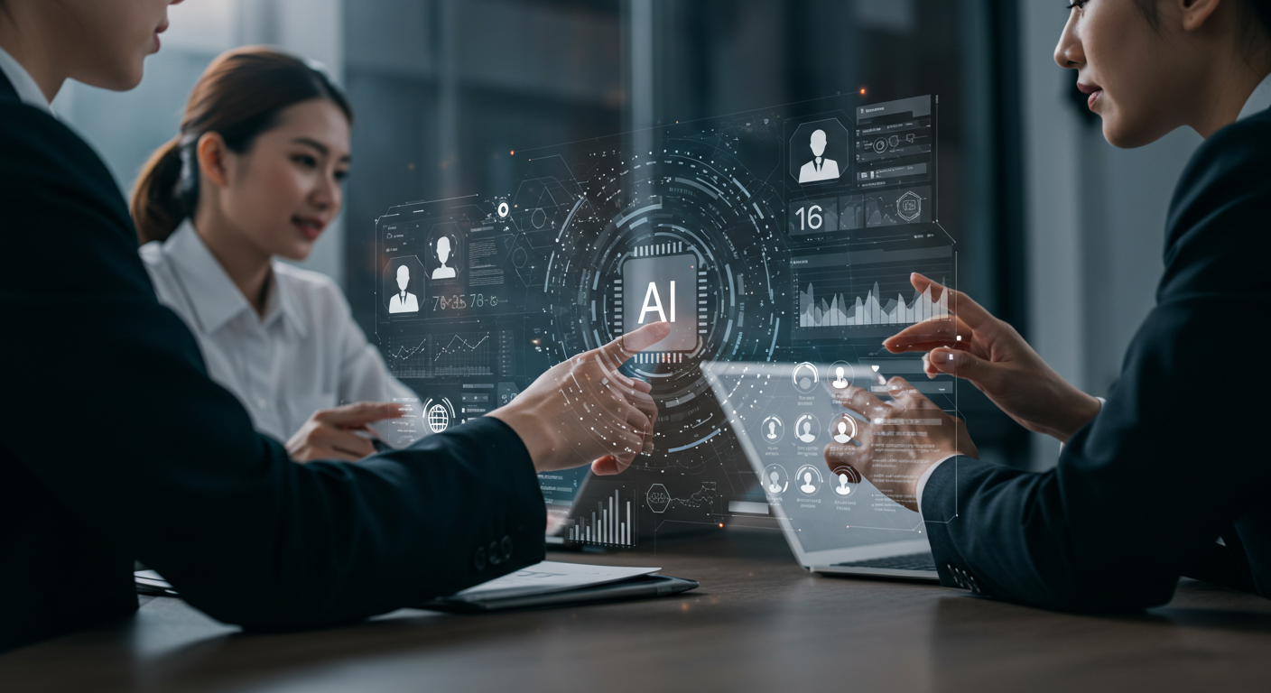「生命保険会社のオフィスで、AIダッシュボードを用いて顧客情報の管理や業務の効率化を図るビジネスマンの様子」