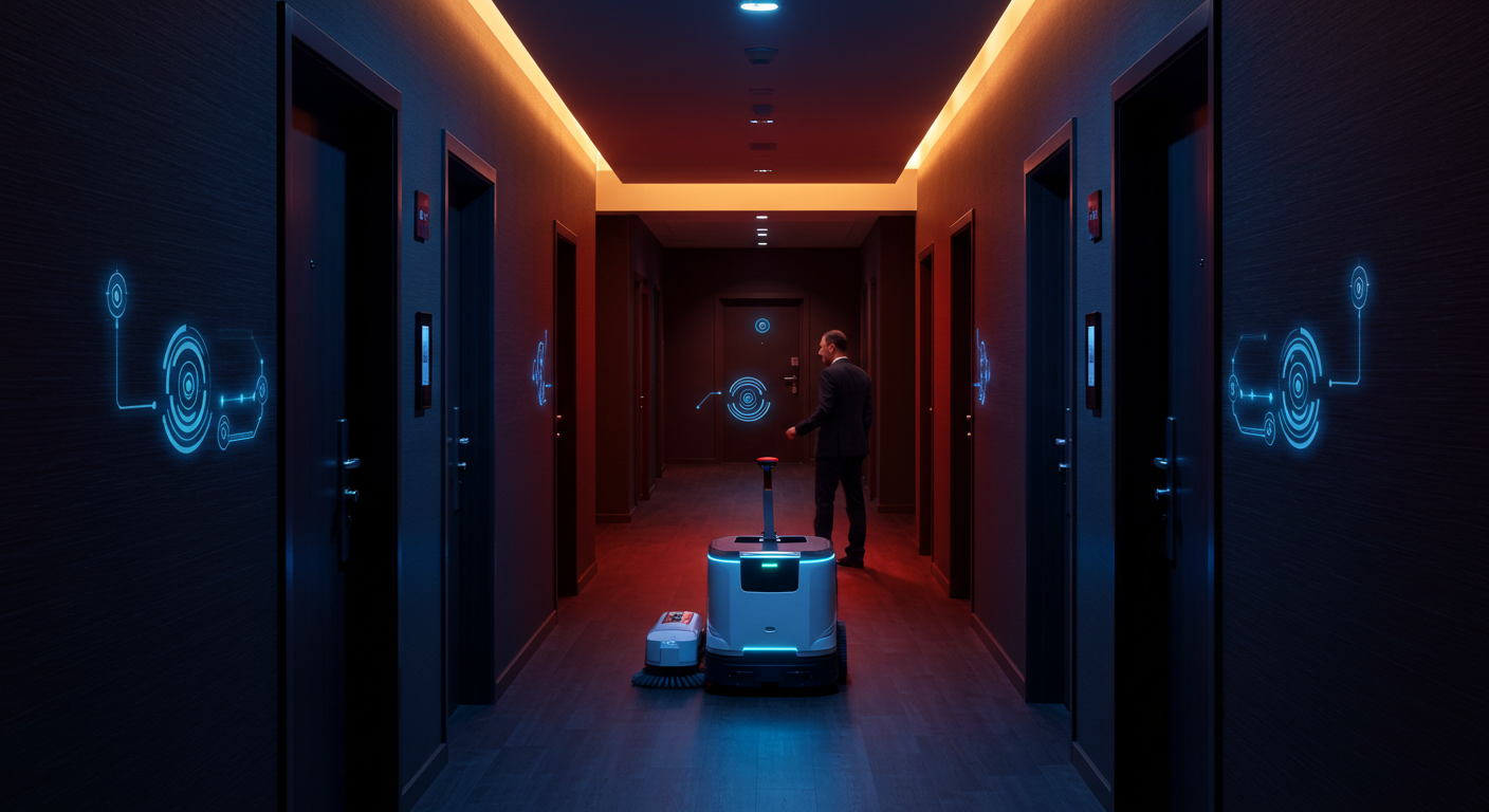 ホテルの廊下で客室前を清掃するAI制御のロボットと、それを見守るビジネスマン。センサー付きの壁と近未来的な清潔感のある空間。