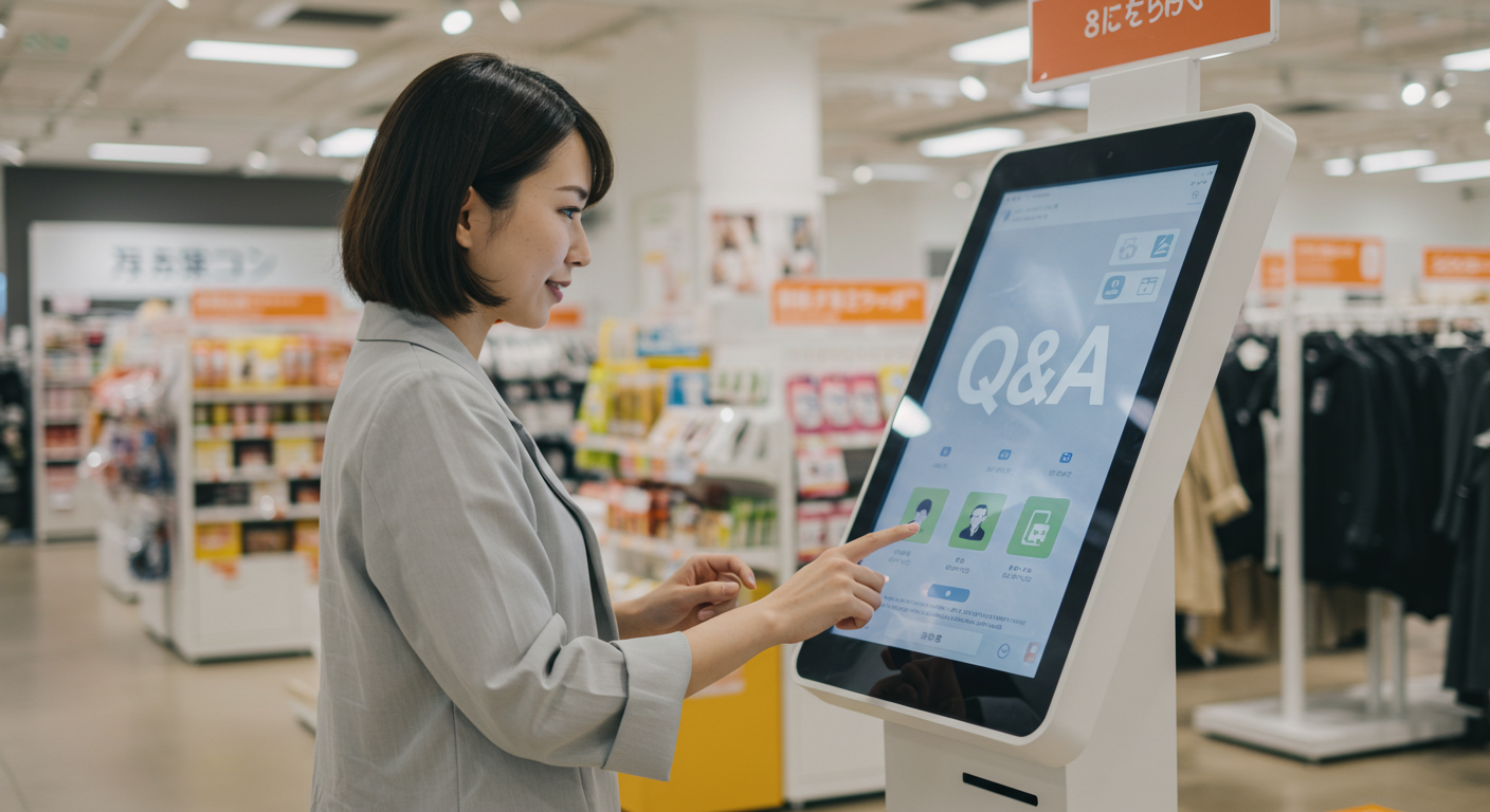 顧客がタッチパネルでAIに質問している様子