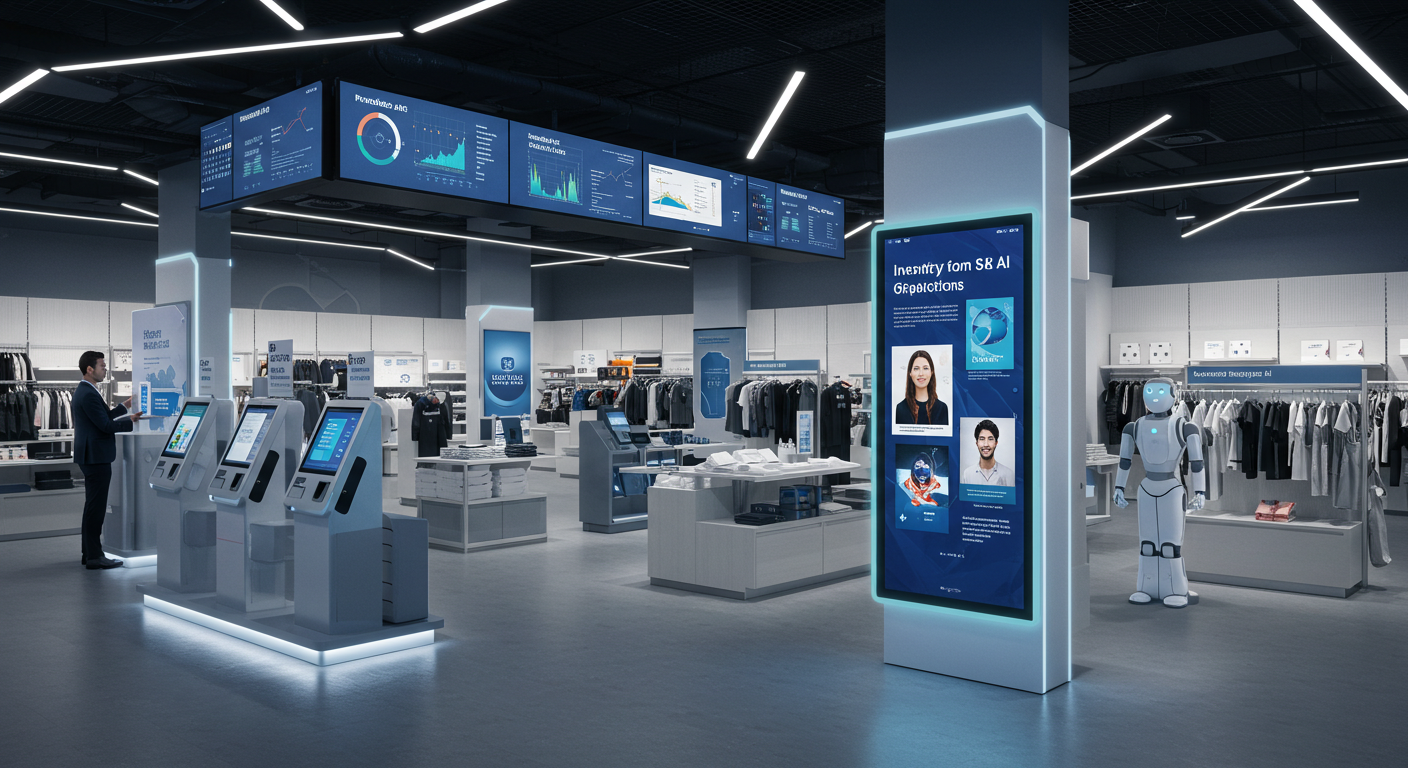 予測AI・分析AI・実行AI・生成AIが統合された未来の小売店イメージ