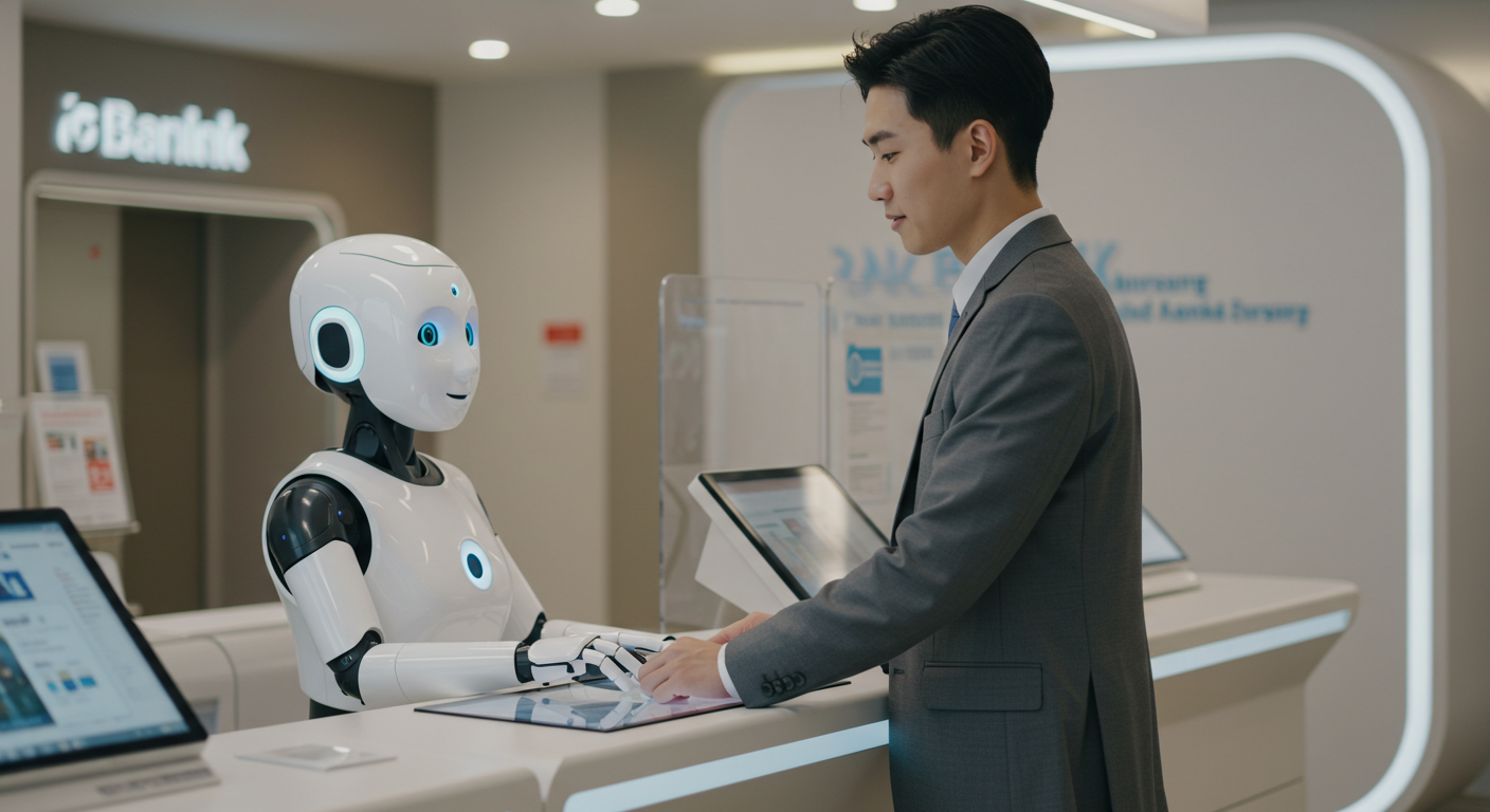 AIアシスタントが行員として顧客対応しているイメージ