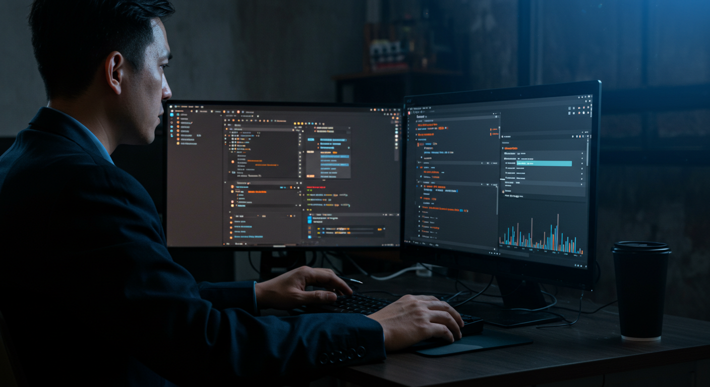 タブ補完やAIチャット、Composerモードなど、Cursorの基本的な使い方を実践するビジネスマンのイメージ（寒色系・デジタル・リアル調）