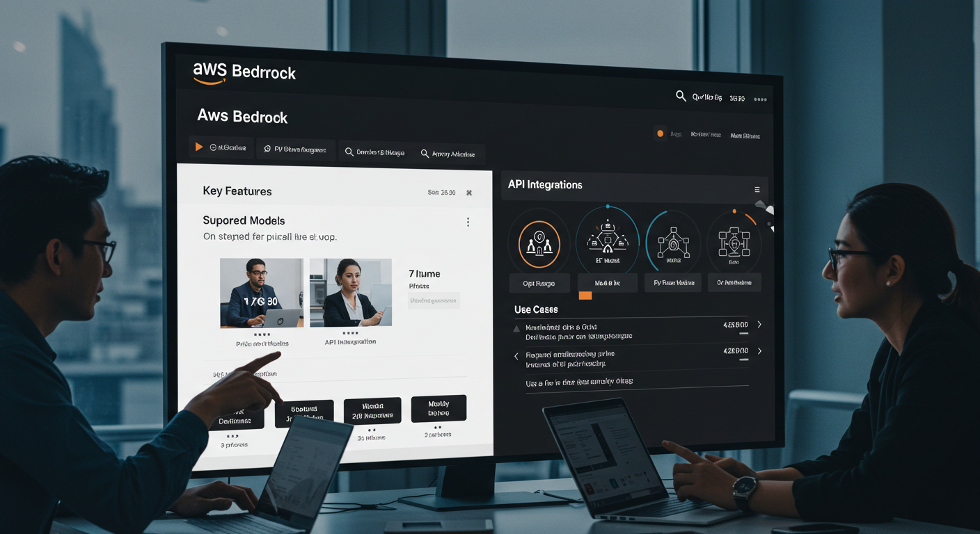 AWS Bedrockの基本機能・料金・対応モデル・API連携を確認するビジネスマンとデジタルダッシュボードのイメージ
