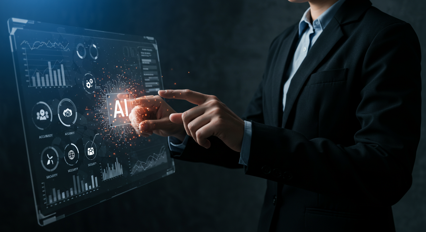 ビジネスマンが生成AIの評価基準（精度・コスト・汎用性・安全性）を分析するデジタル画面を見ているイメージ