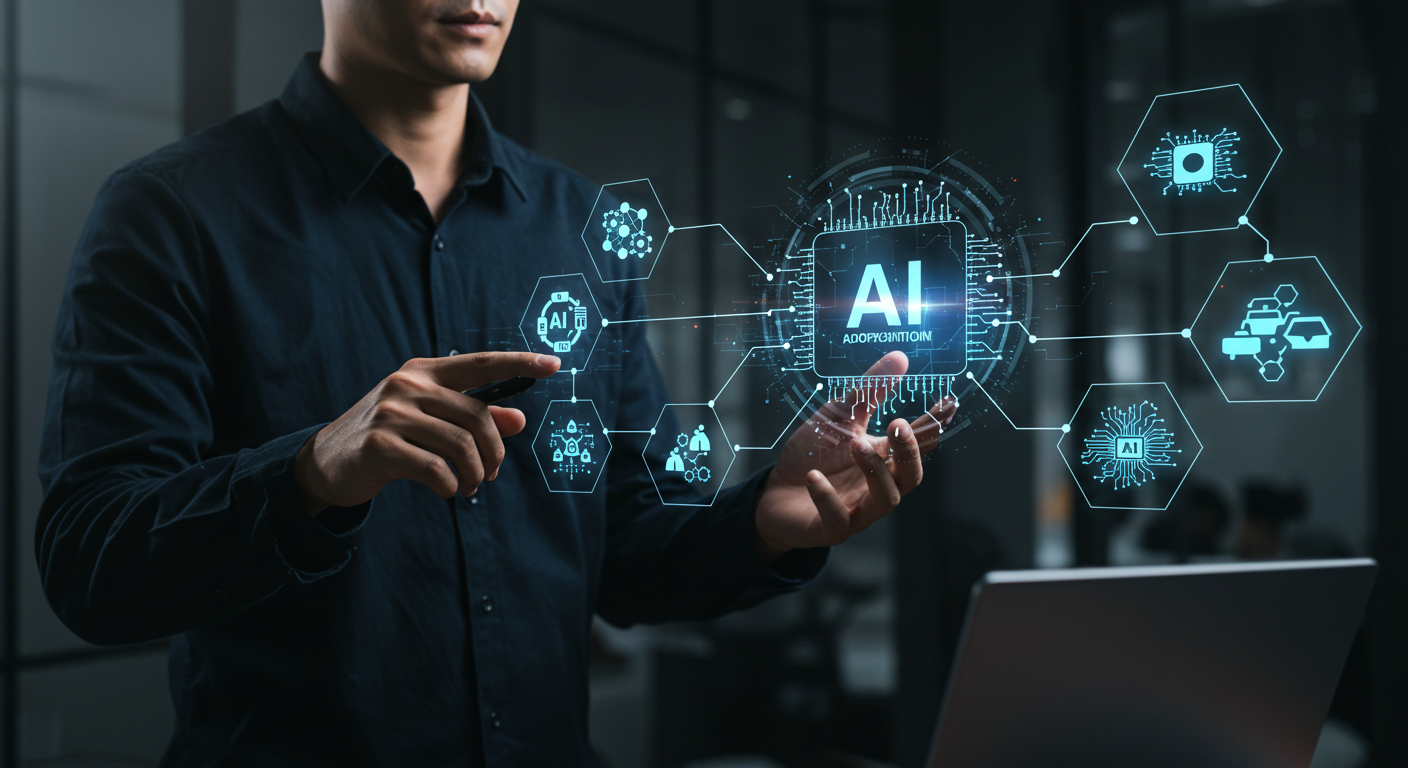 生成AI導入を成功させるための5つのステップを説明するビジネスマンのイメージ。オフィス内でAIの導入計画を共有している様子。
