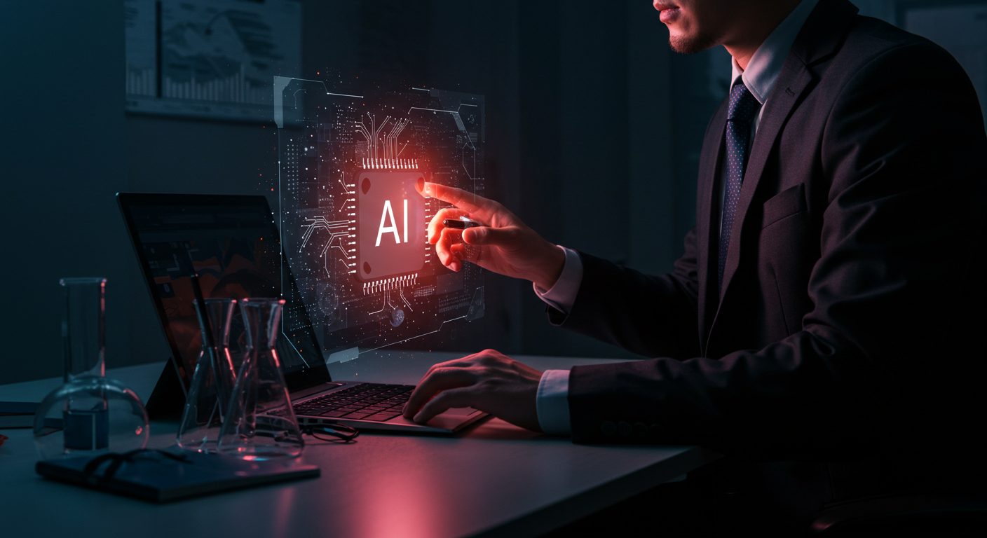 ビジネスマンがAIを活用して学習教材の作成や自由研究テーマの選定を支援している様子。