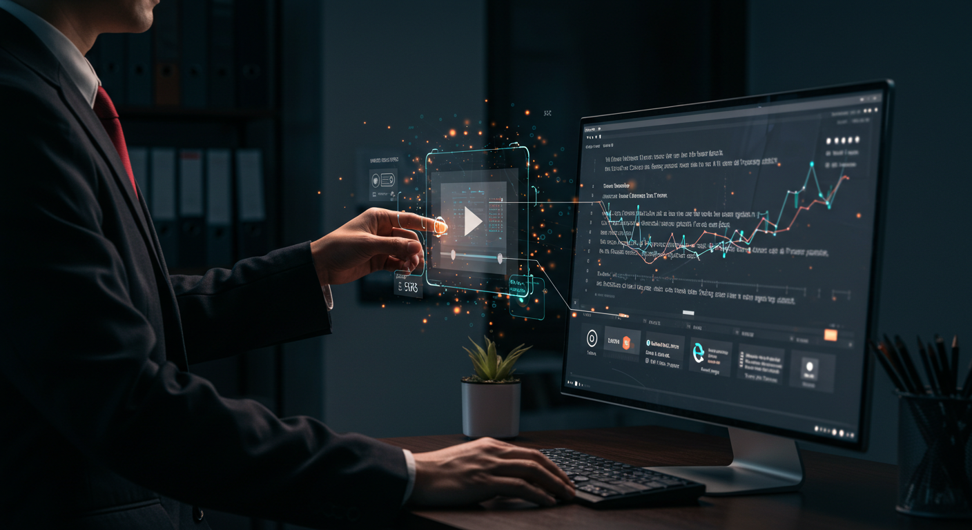 ビジネスマンが動画から音声を抽出し、AIで文字起こしする手順を確認しているシーン。動画を使った文字起こしのやり方を表すイメージ。