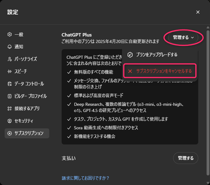 ChatGPT設定メニュー：サブスクリプション画面