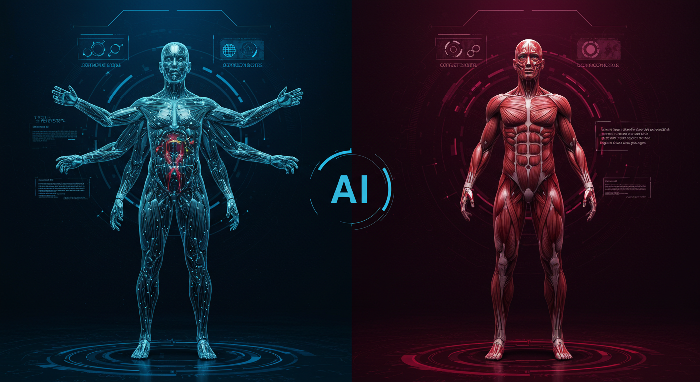 AI生成によって生じた作画崩壊や奇形（手足が多い、顔が歪むなど）を修正している未来的なインターフェースのイメージ。寒色系で無機質なビジネススタイル。「AI」以外の文字は表示されていない。