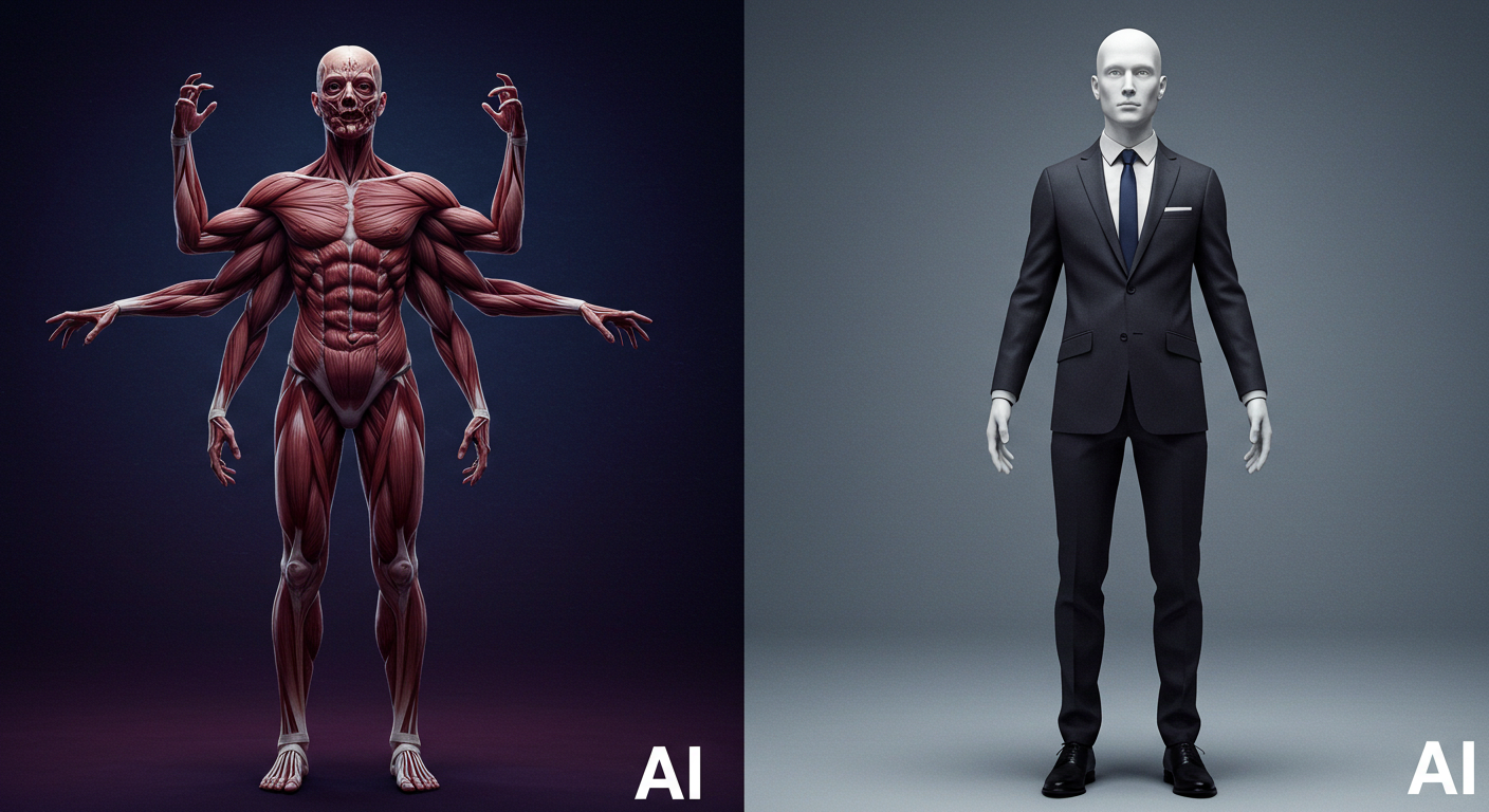 AI生成における作画崩壊や奇形（腕が複数ある、顔が歪むなど）と、それを防止した正常な描写を並べたイメージ。寒色系で無機質なビジネス風の構成。「AI」の文字以外は表示されていない。