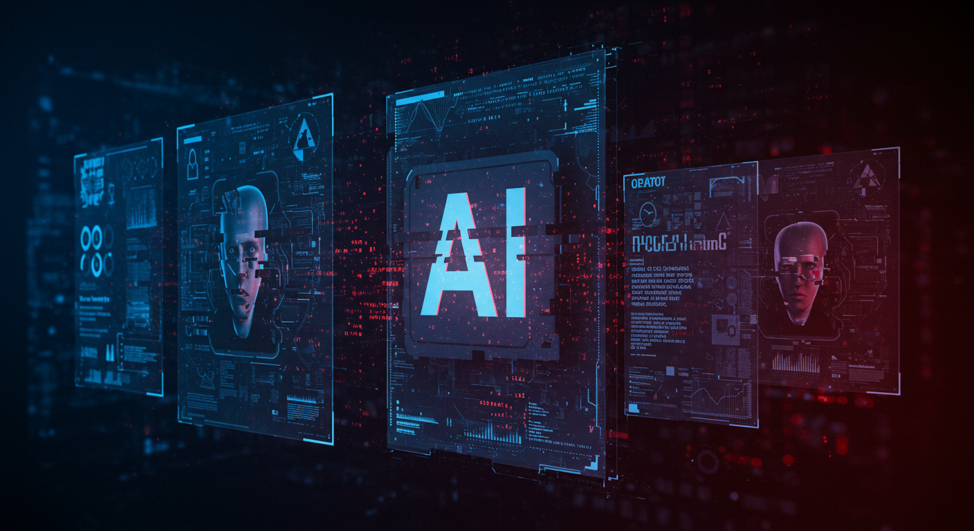 AI生成における記述ミスや構文の矛盾を表現したイメージ。表示が崩れたホログラムと破損したコードを寒色系で描いた、ビジネス風で無機質な構成。「AI」の文字のみ表示されている。
