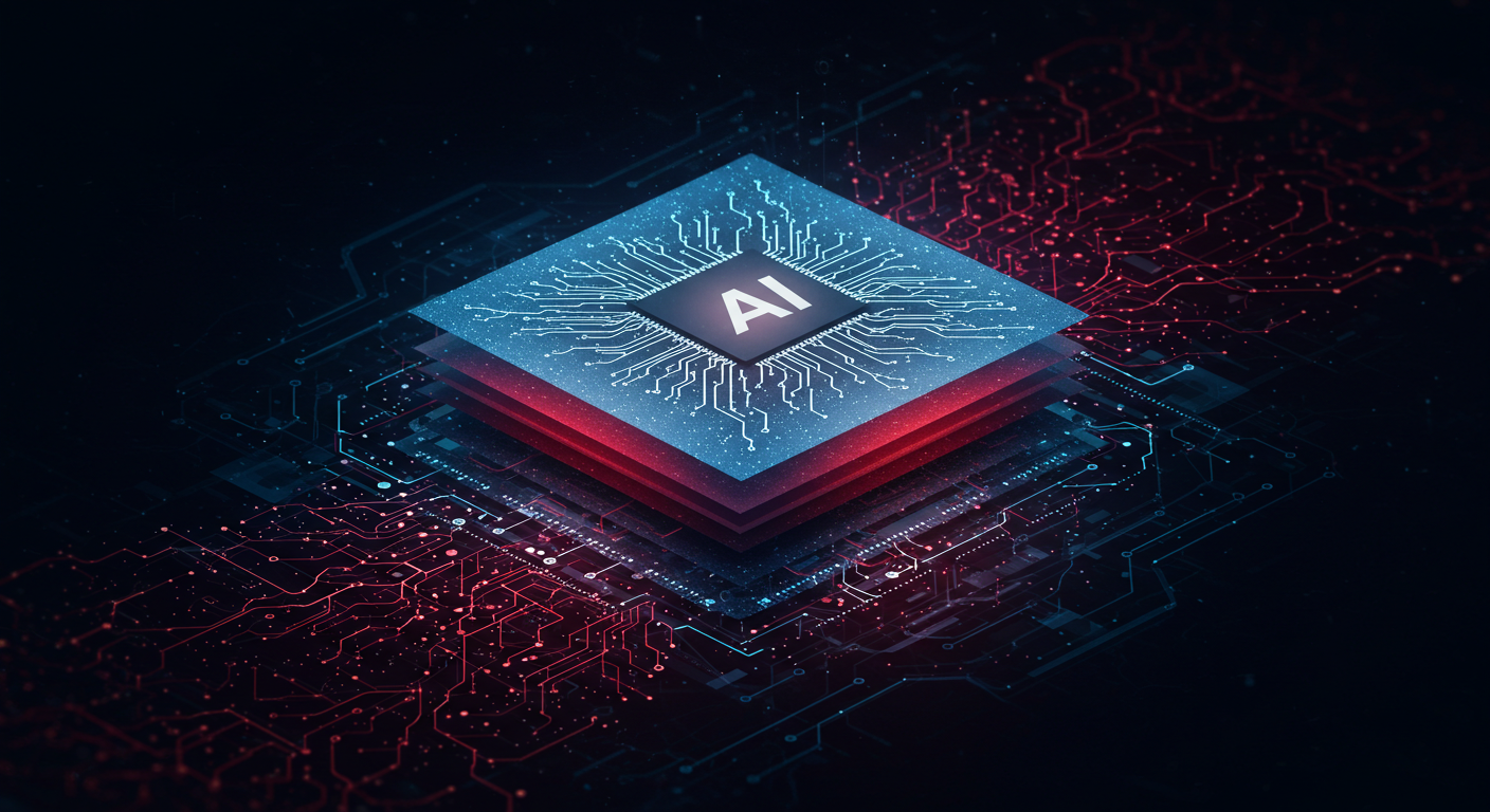埋め込み（Embedding）を概念的に表現したAIのイメージ。多層構造のデータがAIの中核に統合される様子を、寒色系で未来的かつ無機質に描いている。「AI」の文字以外は表示されていない。