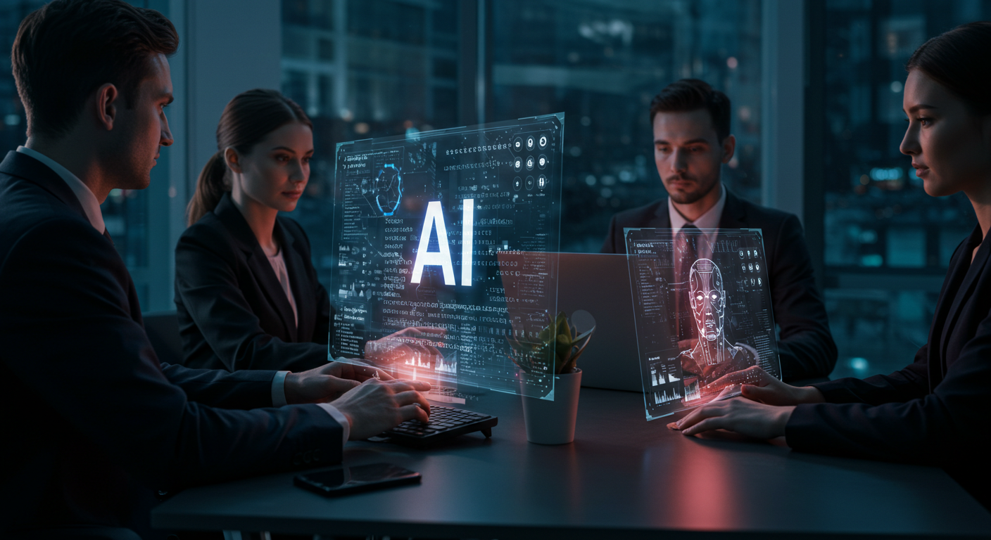 ビジネスマンたちがハイテクオフィスでホログラム画面に「AI」と「xxxxxxx」のプロンプトを打ち込んでいるイメージ。寒色系、無機質でビジネス的なリアル画調。