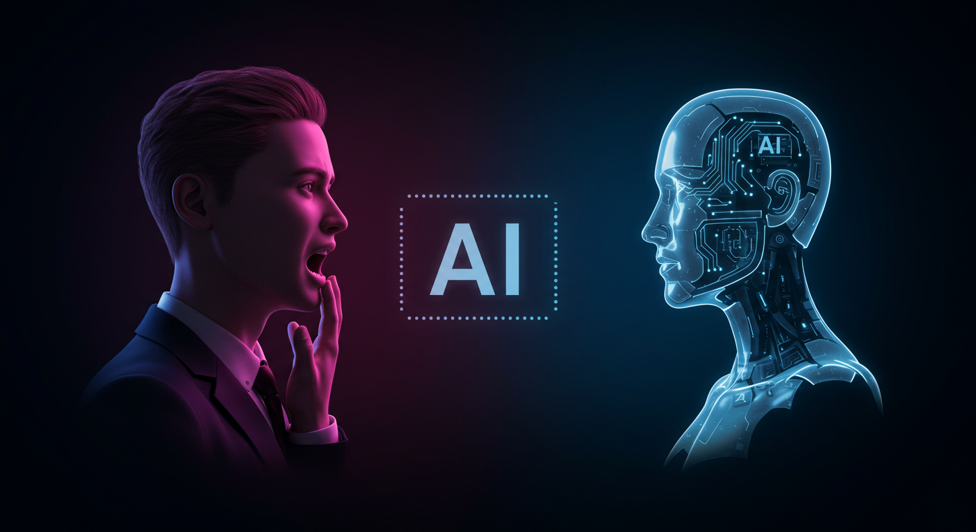 感情を表す人間と、それに無反応なAIを対比的に描いたビジネス風のイメージ。AIの共感力の限界を象徴し、寒色系の無機質な雰囲気で構成されている。表示される文字は「AI」のみで、他の文字は含まれていない。