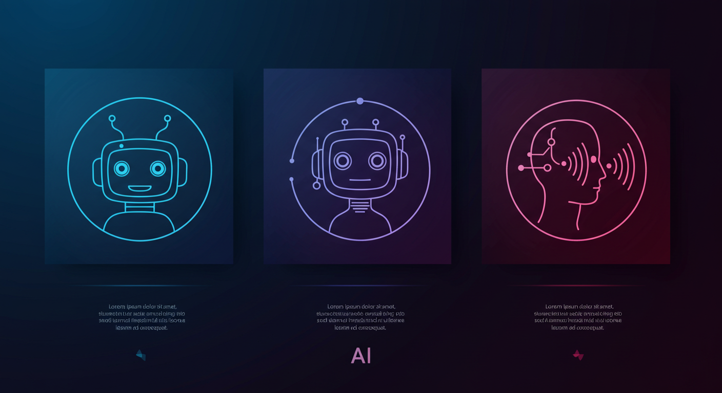 チャットボット、ボイスボット、音声認識を象徴する3つの技術アイコンが並ぶ寒色系のデジタルなビジネス空間。各要素は明確に分けて表示されており、文字は「AI」のみで、他の文字情報は含まれていない。