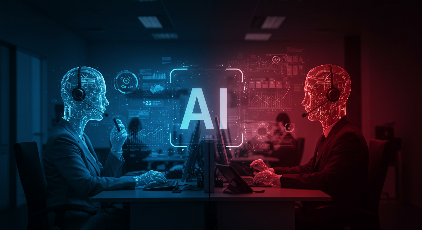 AIに置き換えられていくコールセンター業務を象徴するイメージ。人間のオペレーターが消えかけ、代わりにAIのインターフェースが浮かび上がる寒色系の未来的なビジネス空間。「AI」の文字のみが表示されている。