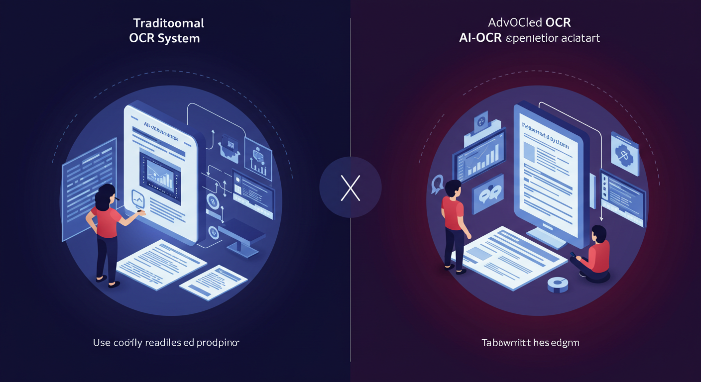 従来のOCRとAI-OCRの違いを比較したイメージ。AI-OCRが手書きや非定型帳票も正確に認識している様子。