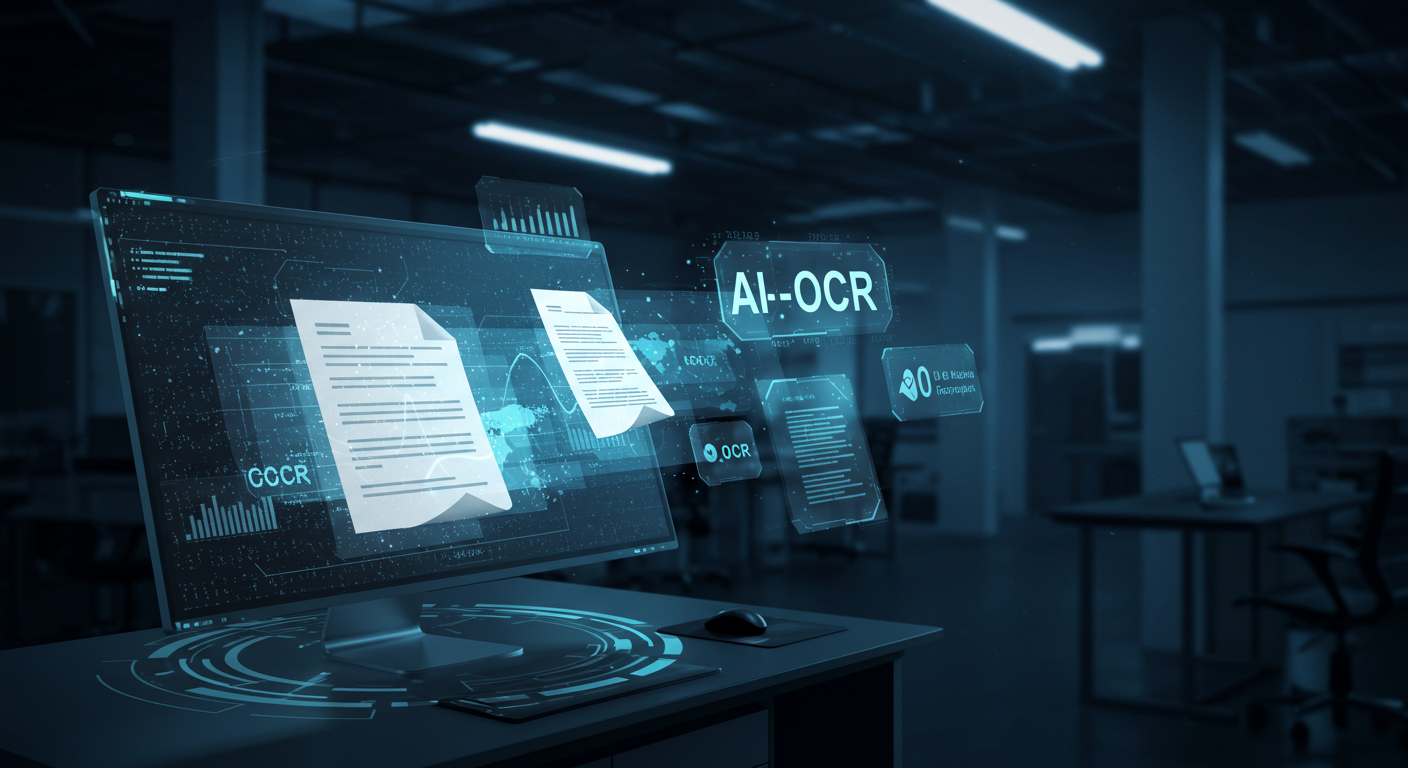 AI-OCRが紙の帳票から文字を読み取り、デジタルデータとして変換しているビジネス向けイメージ。