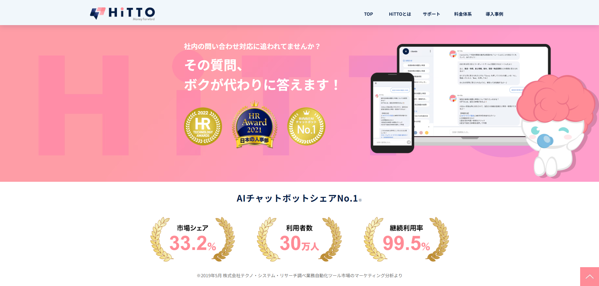 株式会社マネーフォワード：社内向けAIチャットボットを「HiTTO」紹介ページ