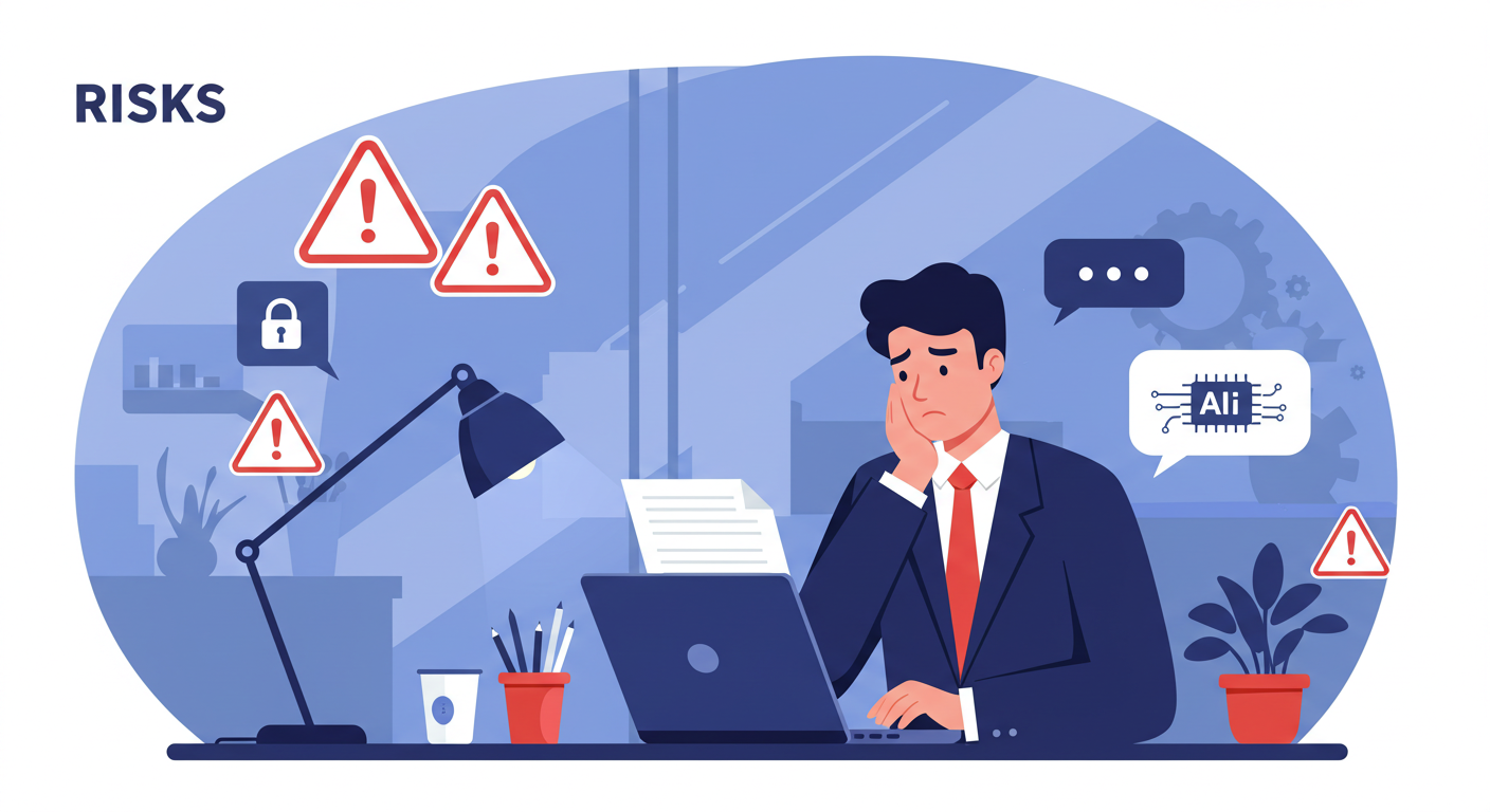 AI議事録ツール導入時のリスクを表現したビジネスシーンのイラスト（セキュリティ・コスト・依存性など）