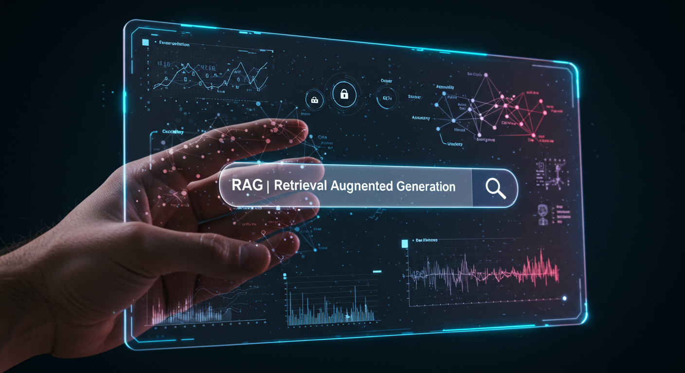 AIによる検索拡張生成（RAG）の概念を示すデジタルインターフェース。リアルタイムデータの取得、統合、分析を視覚化し、精度向上やセキュリティ要素を強調した未来的な検索システムのイメージ。