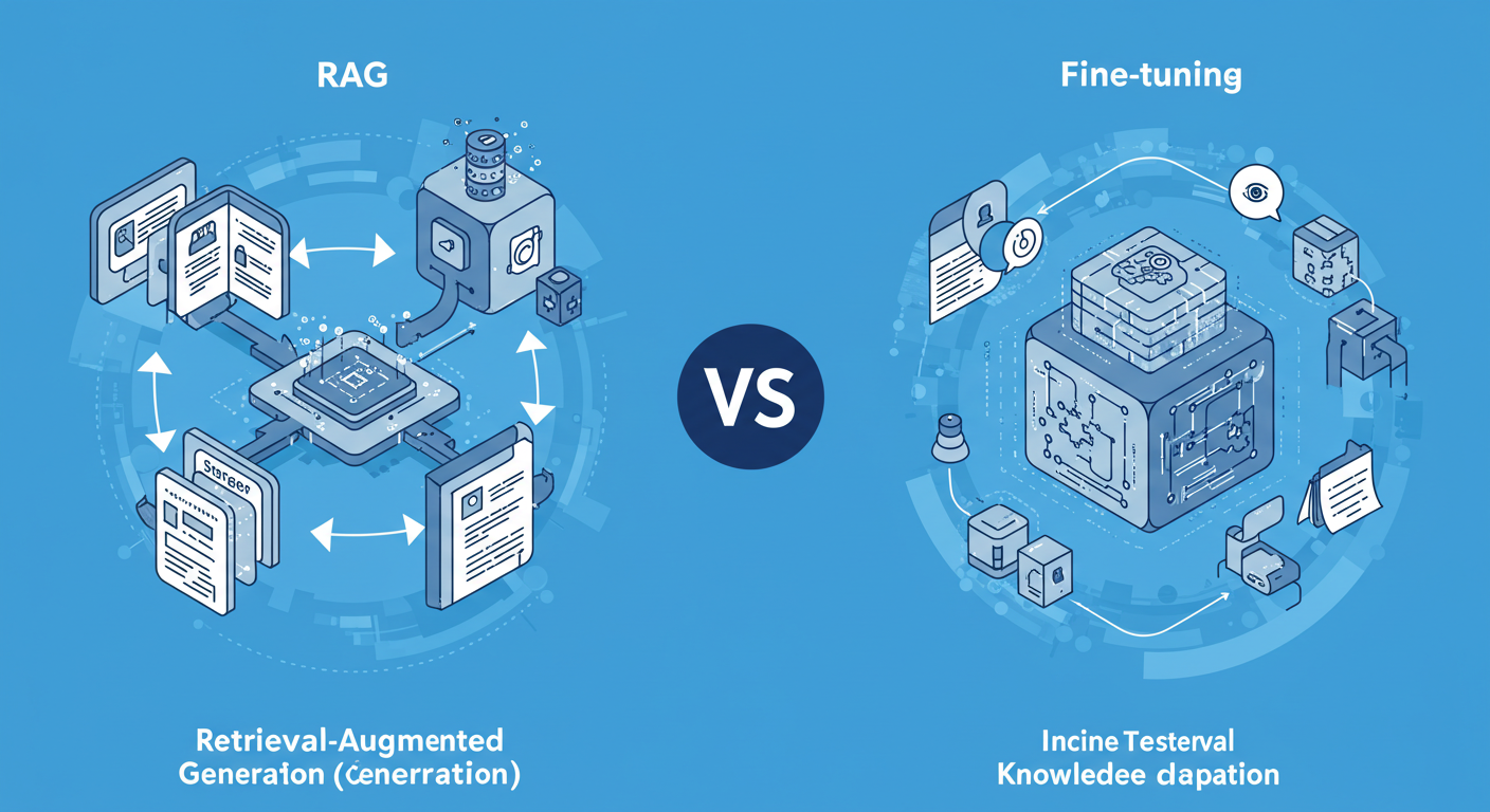 RAG（Retrieval-Augmented Generation）とファインチューニングの違いを示す比較図。RAGは外部データを検索してリアルタイムに情報を取得し、ファインチューニングは特定のデータでモデルを再学習して知識を更新する様子を視覚化。