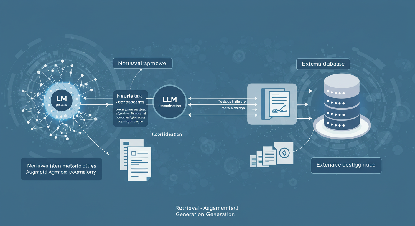 RAG（Retrieval-Augmented Generation）の仕組みを示す概念図。LLMが外部データベースを検索し、情報を取得して回答を生成する流れを視覚化。