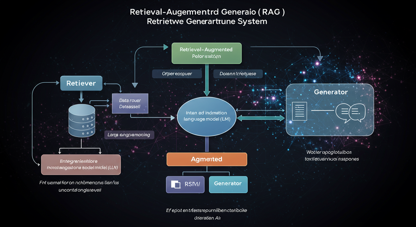 RAG（Retrieval-Augmented Generation）システムの構造を示す概念図。Retriever（検索）、Augmented（拡張）、Generator（生成）の3つの要素が連携し、外部データを活用して情報を生成する仕組みを視覚化。